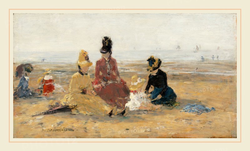 EugÃ¨ne Boudin, French (1824-1898), On the Beach, Trouville, 1887, oil on wood