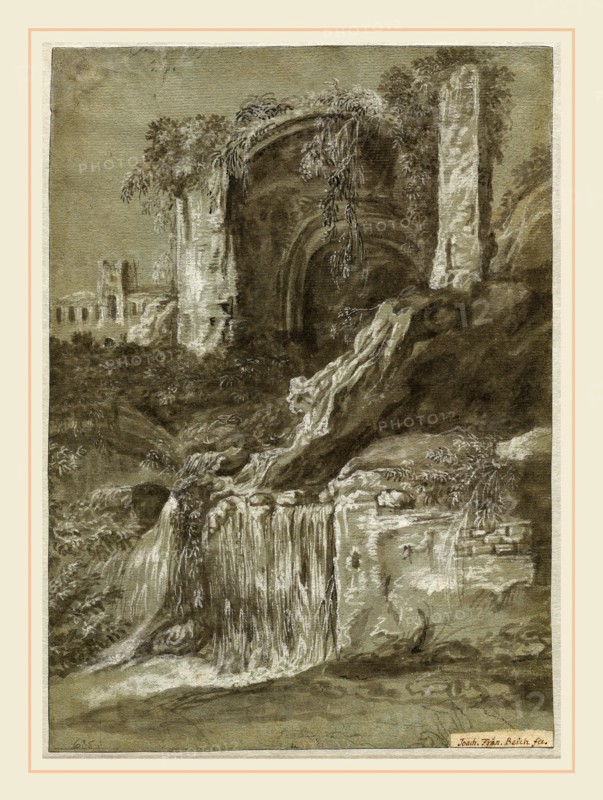 Joachim Franz Beich, German (1665-1748), A Waterfall with Ruins (verso), 1704-1714, gray wash heightened with white gouache on blue laid paper