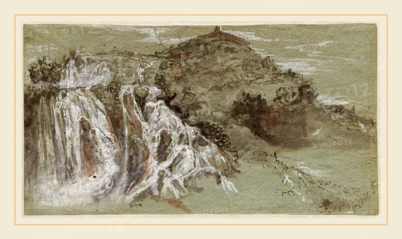Joachim Franz Beich, German (1665-1748), The Waterfalls at Tivoli (recto), 1704-1714, pen and black ink with gray wash and watercolor, heightened with white gouache on blue laid paper