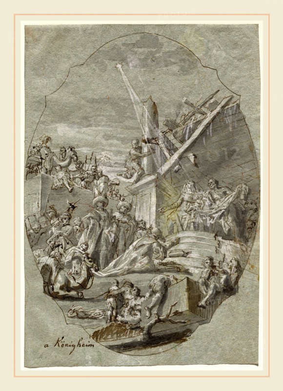 Georg Anton Urlaub, German (1713-1759), The Adoration of the Magi, 1756, pen and brown ink with gray and brown wash, heightened with white, on blue paper
