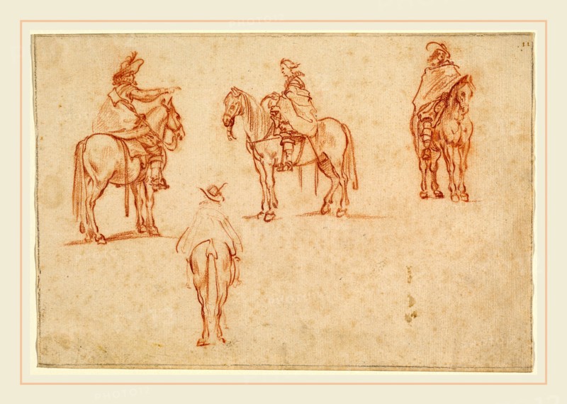Jacques Callot, Study of Four Horsemen, French, 1592-1635, 1628 or before, red chalk on laid paper