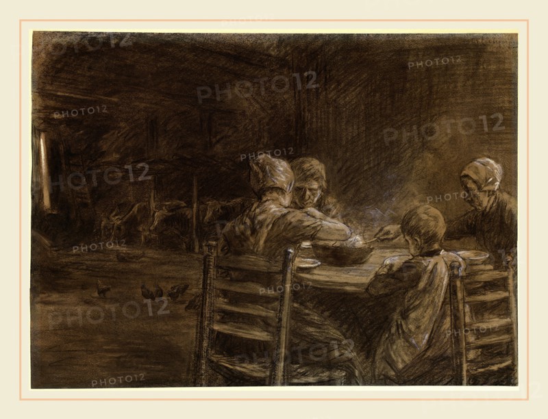 Max Liebermann, German (1847-1935), East Frisian Peasants Eating Supper, 1893, charcoal and black chalk heightened with white on light green wove paper, with later touches of red chalk along the top (recto); charcoal on greenish paper (verso)