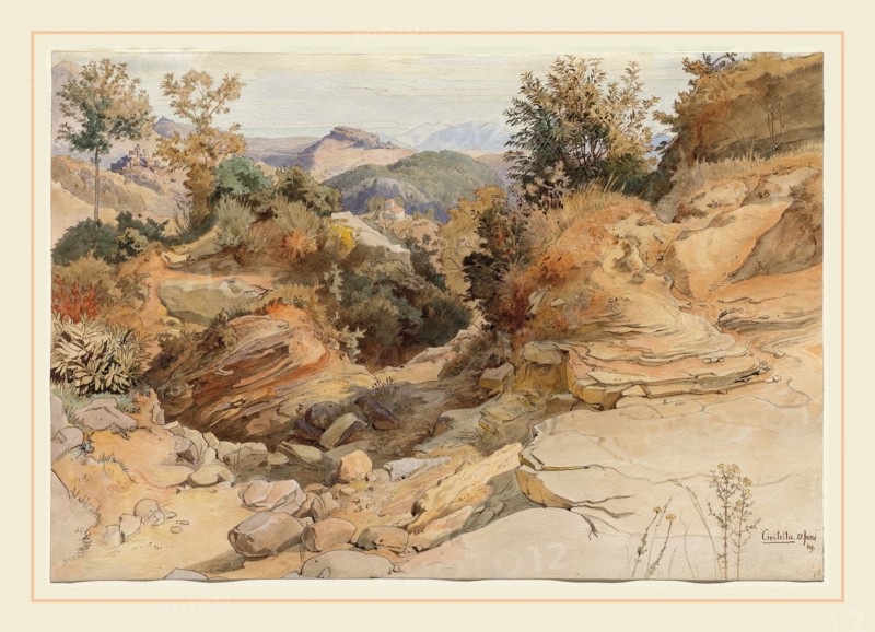 Victor Paul Mohn, German (1842-1911), The Sabine Hills and Rocca Santo Stefano, Seen from Civitella, 1869, pen and brown ink with watercolor over graphite on wove paper