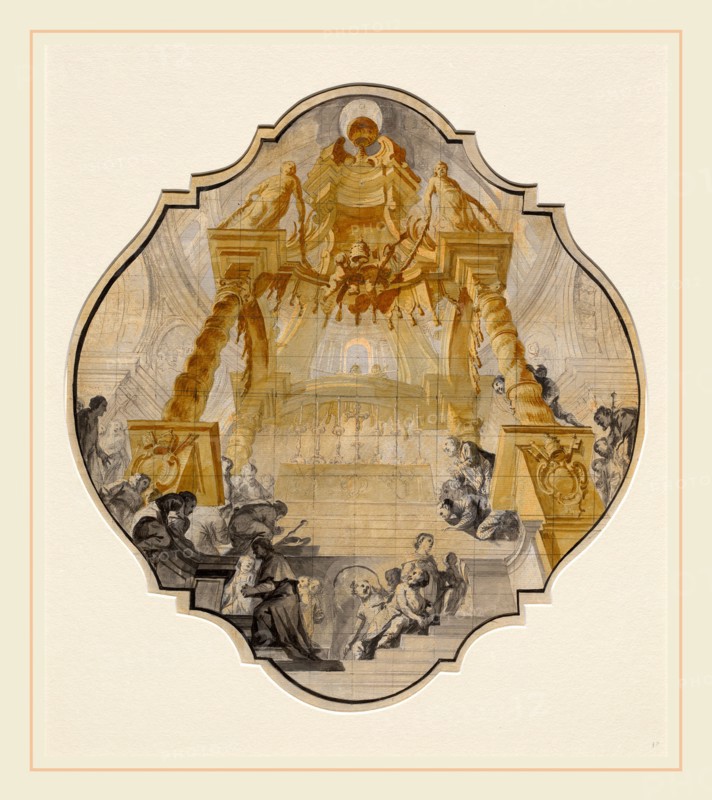 MatthÃ¤us GÃ¼nther, German (1705-1788), Worshippers at the Tomb of Saint Peter, 1740-1741, pen and gray ink and pen and brown ink with gray, yellow, and gold wash, heightened with white and pink, over graphite on gray prepared paper, squared in graphite