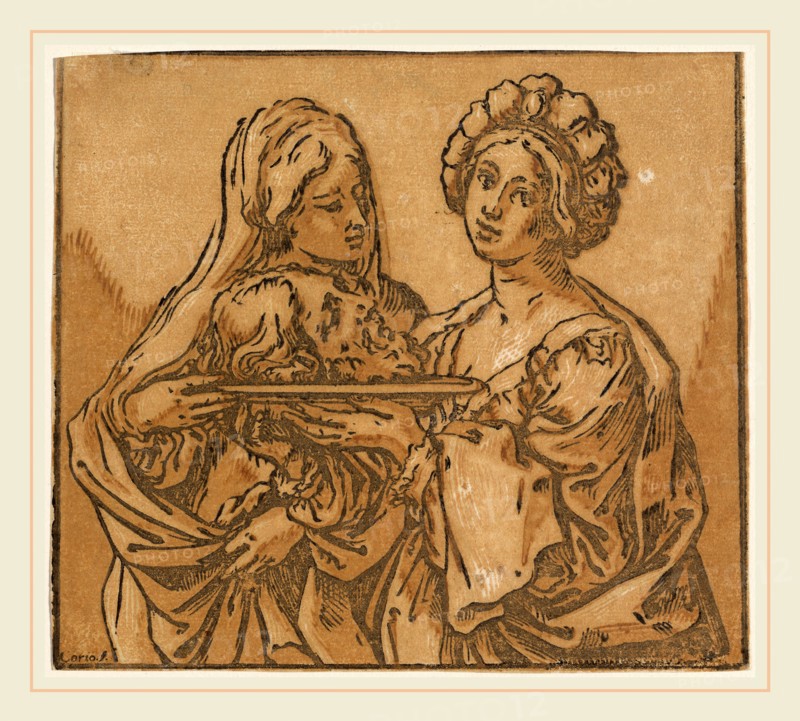 Bartolomeo Coriolano after Guido Reni, Italian (active 1627-1653), Herodias and Salome, 1631, chiaroscuro woodcut printed in ochre, brown, and black on laid paper
