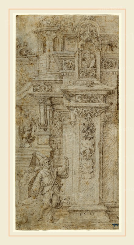 Jan Gossaert (Netherlandish, c. 1478-1532), Two Kings and a Woman Leaving an Elaborate Palace, 1503-1508, pen and black ink on laid paper