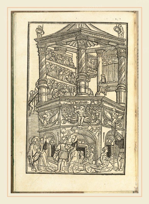 Terence [Publius Terentius Afer] (author), German 15th Century (artist) Johann Trechsel (publisher) (active 1488-1498), Comoediae, published August 29, 1493, bound volume with 161 woodcut illustrations (159 woodblocks, 8 repeats, 1 woodcut  titlepage showing the author in his study and 1 full-page woodcut of an antique theater [a4v])