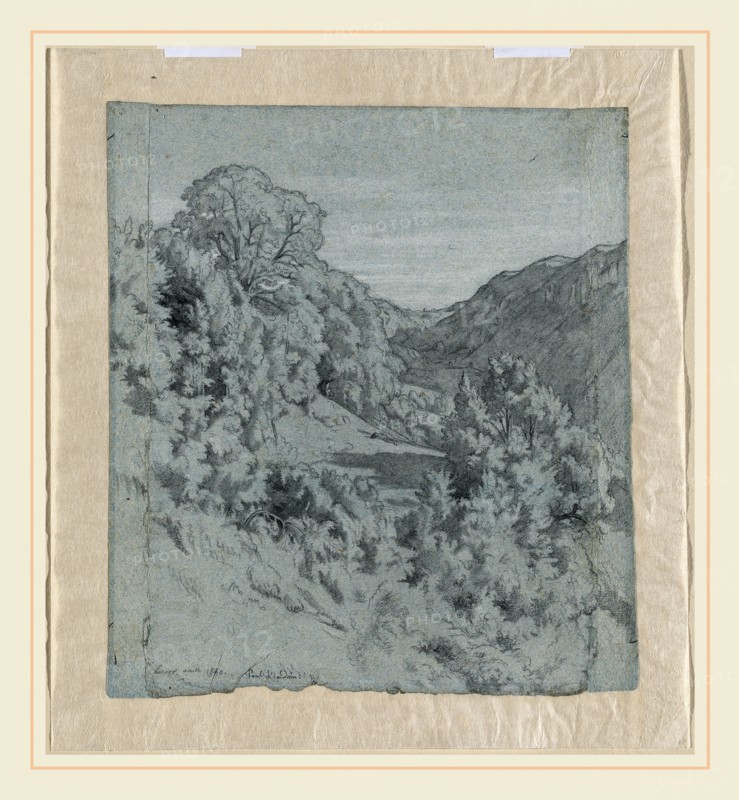 Jean-Paul Flandrin, French (1811-1902), Sunlit Trees in a Valley near Lacoux, 1840, black chalk heightened with white chalk on blue paper, with vertical strips added at left and right edges