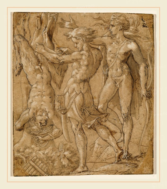 Bernardino Campi, Italian (1522-1595), The Flaying of Marsyas, pen and brown and black ink with brown wash, heightened with white gouache, on brown prepared laid paper