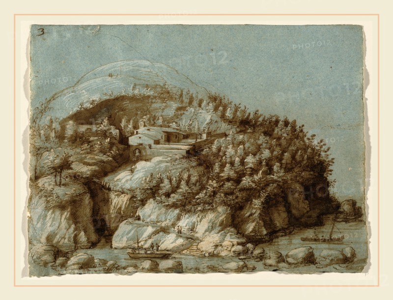Gherardo Cibo, Italian (1512-1600), Hilly Landscape with Ships, pen and brown ink with brown wash, heightened with white gouache, on blue laid paper