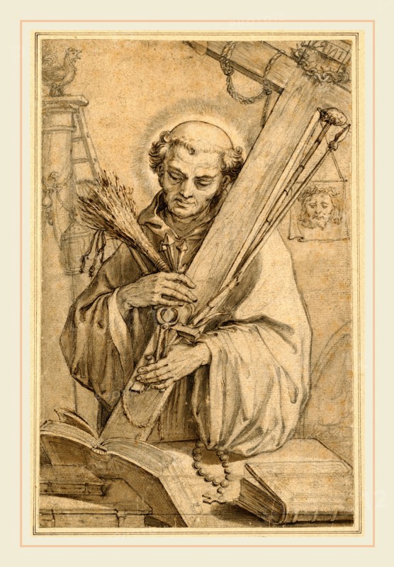 Abraham Bloemaert, Dutch (1564-1651), Saint Bernard of Clairvaux with the Instruments of the Passion, pen and black and brown ink, with gray and brown wash, black chalk, and graphite on laid paper
