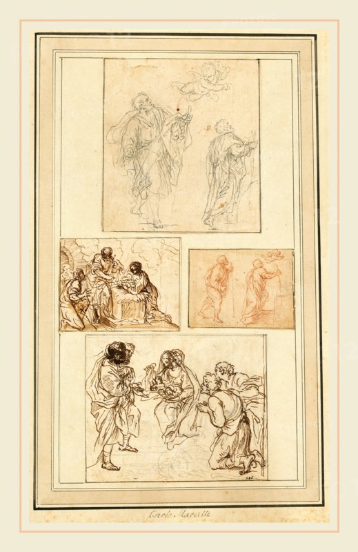 Agostino Masucci, Italian (1691-1758), Studies of Saint Joseph and the Adoration (four sketches mounted on one sheet), album page with four drawings in various media