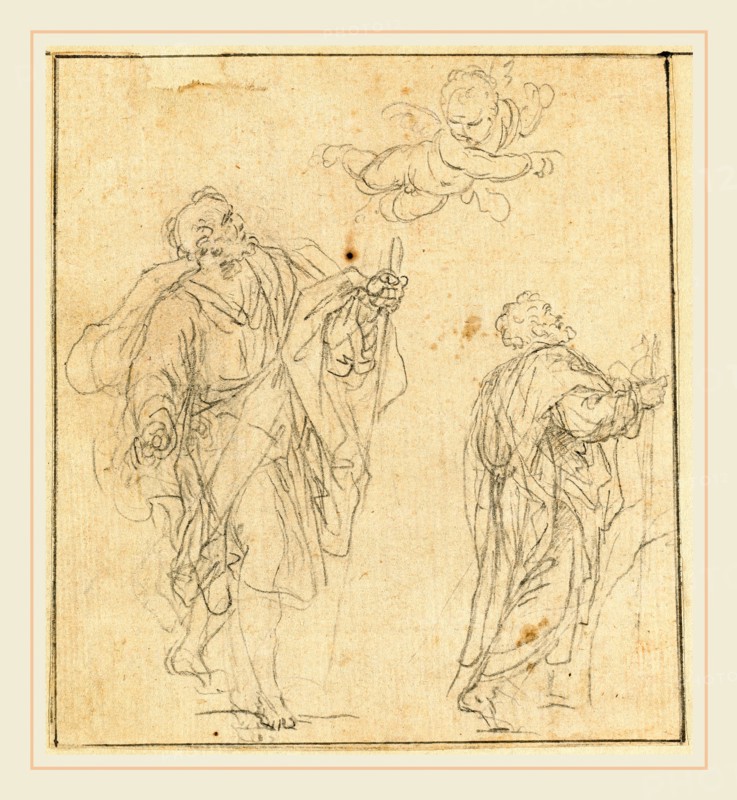 Agostino Masucci, Italian (1691-1758), Two Biblical Figures Guided by a Cherub, black chalk on laid paper