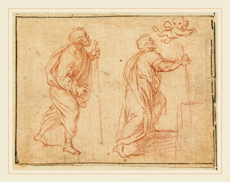 Agostino Masucci, Italian (1691-1758), A Cherub Pointing the Way for Two Biblical Figures, red chalk on laid paper