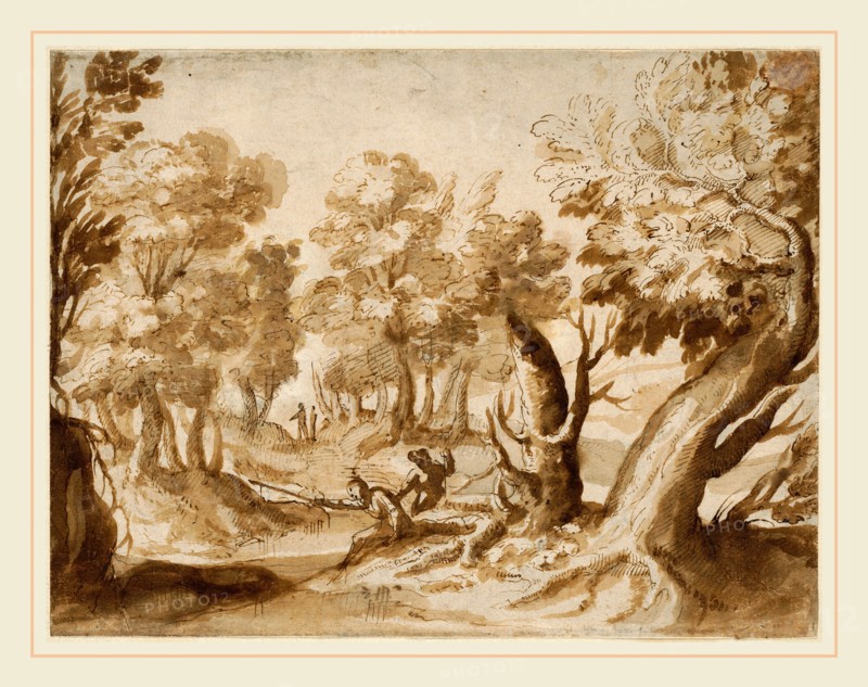 Francesco Allegrini, Italian (c. 1615-after 1679), Two Figures Fishing in a Landscape, pen and brown ink with brown wash over black chalk on laid paper