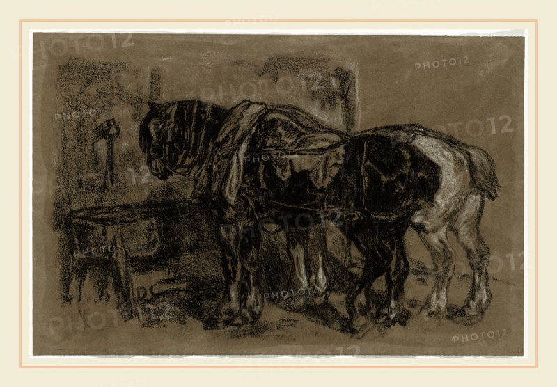 Alexandre-Gabriel Decamps, French (1803-1860), Two Draft Horses, 1830, black and white chalk on gray-green wove paper