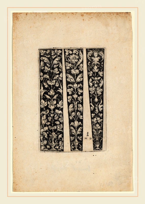 Daniel Hopfer I, German (c. 1470-1536), Ornament with Vase and Two Designs for Sleeves, etching and open biting