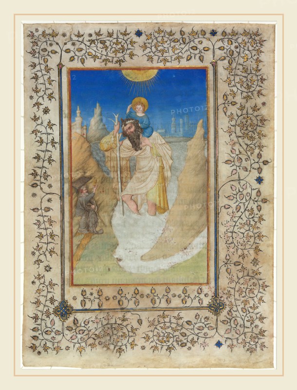 Limbourg Brothers, Saint Christopher Carrying the Christ Child, Netherlandish, active 1406-1416, c. 1409, miniature on vellum