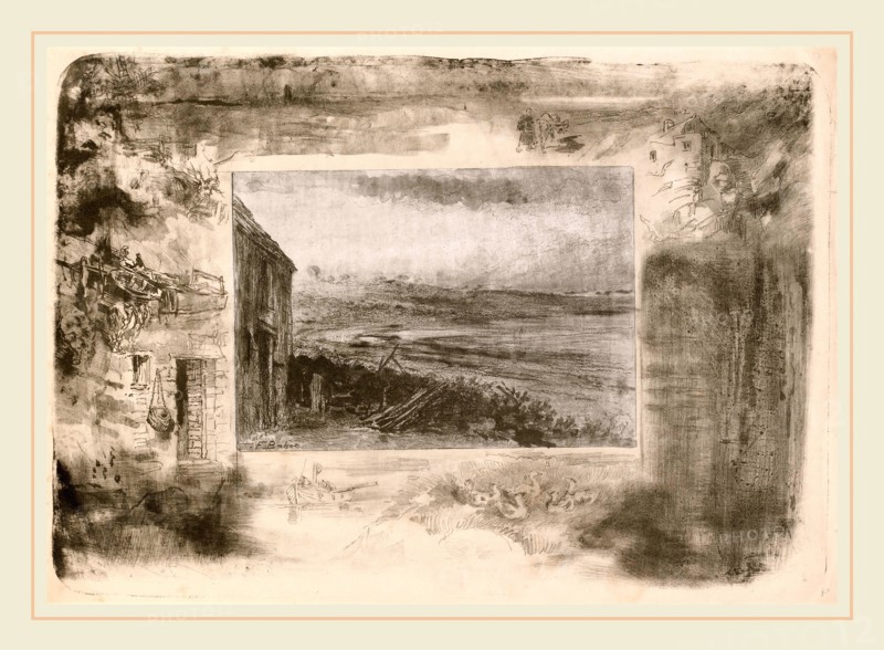 Félix-Hilaire Buhot, ChaumiÃ¨re de pÃªcheur (Fisherman's Cottage), French, 1847-1898, 1892, lithograph in black on wove paper with central image on chine collé