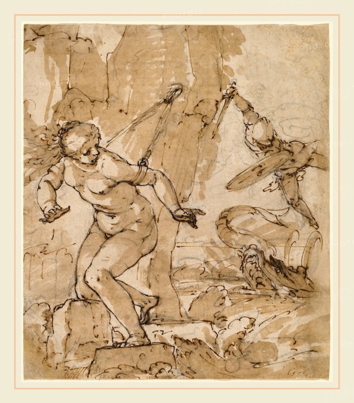 Bartolommeo Gagliardo, Perseus and Andromeda, Italian, 1555-c. 1626, pen and brown ink with brown wash over black chalk on laid paper