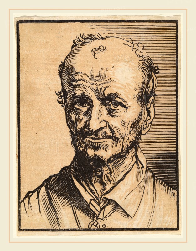 Jan Lievens, Bust of a Balding Man, Dutch, 1607-1674, chiaroscuro woodcut with light brown tone block