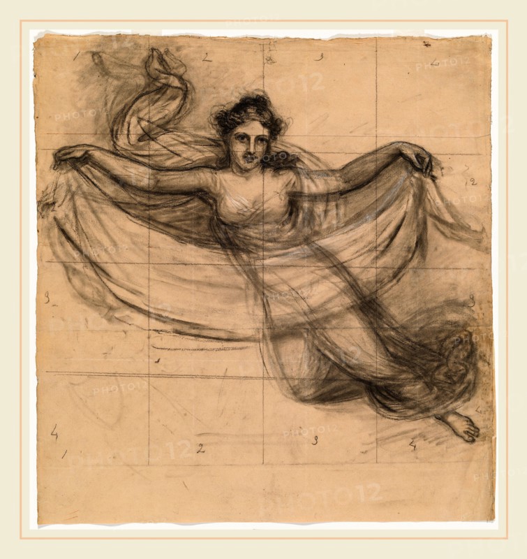 John Vanderlyn, A Muse, American, 1775-1852, 1815-1818, charcoal and white chalk heightened with white on pinkish-tan paper, squared for transfer