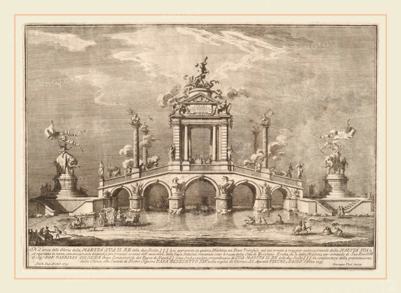 Giuseppe Vasi after Paolo Posi (architect), A Triumphal Bridge Adorned with Relics of the City of Ercolano, Italian, 1710-1782, 1755, etching on laid paper