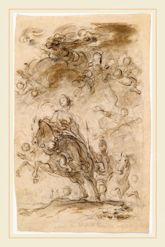 Jean-Honoré Fragonard, Orlando and Angelica Arrive at Charlemagne's Camp, French, 1732-1806, black chalk, stumping, with brown wash on laid paper