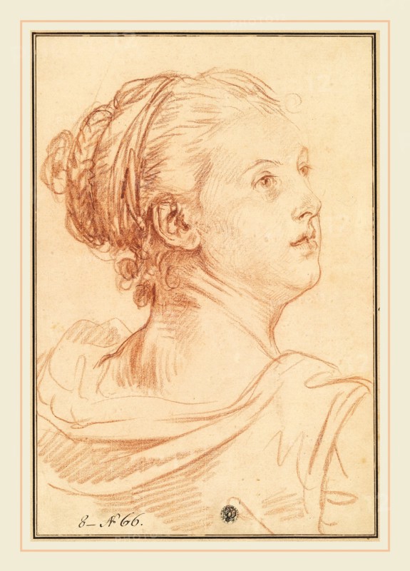 Jean-Baptiste Greuze, Head of a Woman Looking Back Over Her Shoulder, French, 1725-1805, red chalk on laid paper