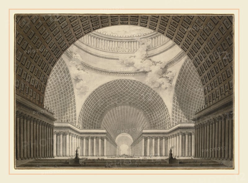 Etienne-Louis Boullée, Perspective View of the Interior of a Metropolitan Church, French, 1728-1799, 1780-1781, pen and black ink with gray and brown wash over graphite on laid paper, with framing line in brown chalk