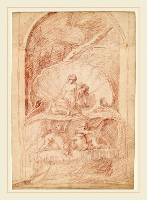 Edme Bouchardon, Rocaille Fountain with Venus, Amorini, and Swans, French, 1698-1762, c. 1735, red chalk on 2 joined sheets of laid paper