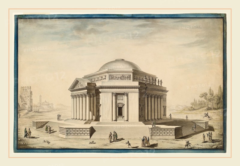 Louis Gustave Taraval, Hexagonal Temple in an Italianate Landscape, French, 1739-1794, c. 1780, pen and black ink with watercolor and gray wash within a border drawn in blue watercolor and pen and black ink on laid paper extensively pricked for transfer