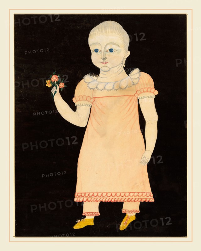 American 19th Century, Baby in Pink Dress with Roses, c. 1820, watercolor