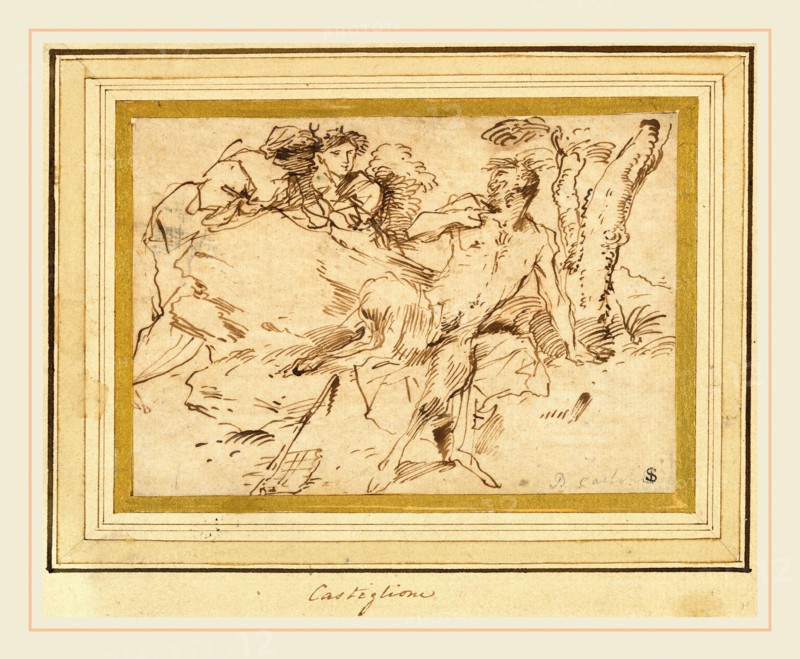 Giovanni Benedetto Castiglione, Italian (1609 or before-1664), Two Nymphs and a Satyr, c. 1640-1647, pen and brown ink on laid paper