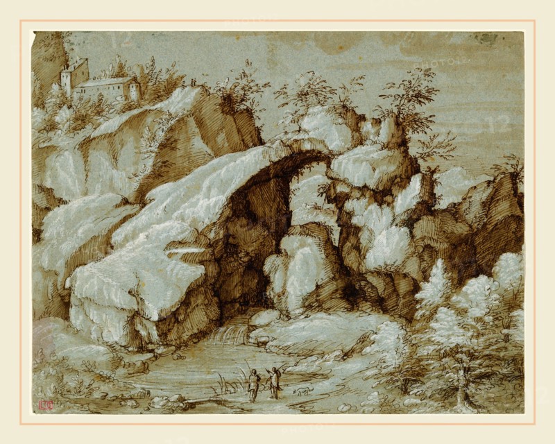 Gherardo Cibo, Italian (1512-1600), Rocky Landscape with a Natural Arch, 1550-1580, pen and brown ink with brown wash, heightened with white gouache on blue paper
