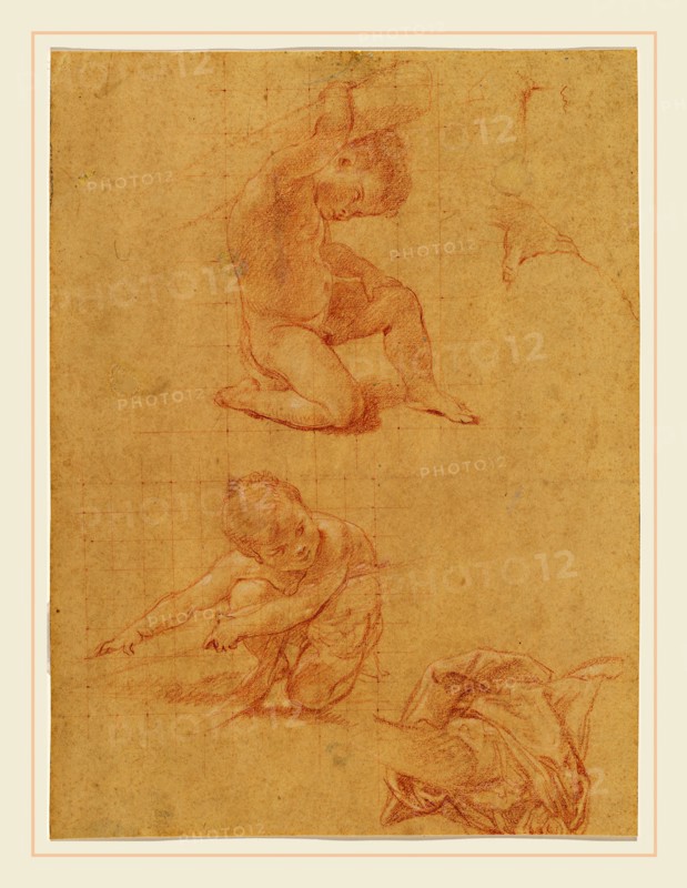 Pompeo Batoni, Italian (1708-1787), Study Sheet with Two Putti, c. 1748, red chalk heightened with white chalk on paper washed ocher, partially squared for transfer in red chalk