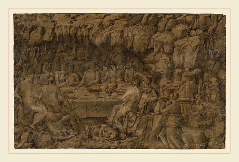 Luca Penni, Italian (1500-1504-1556), The Banquet of Achelous, c. 1545, pen and black ink with brown and blue-gray washes, heightened with white gouache on paper washed light brown