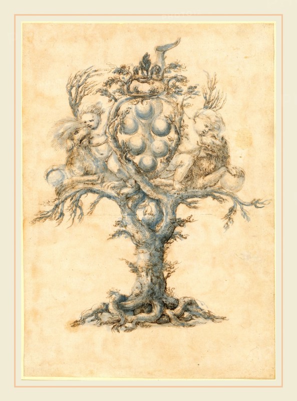 Master of the Medici Banquet Decanters, Italian (active 1650-1670), A Wine Decanter with the Medici Arms, 1650s, pen and brown ink with blue wash over graphite