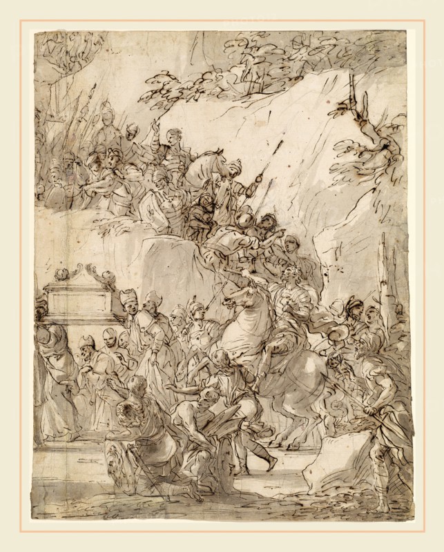 Nicola Malinconico, Italian (1663-1721), The Transport of the Ark of the Covenant, late 1680s, pen and brown ink with gray wash over graphite, with both corners at bottom and small pieces along bottom and right margins replaced