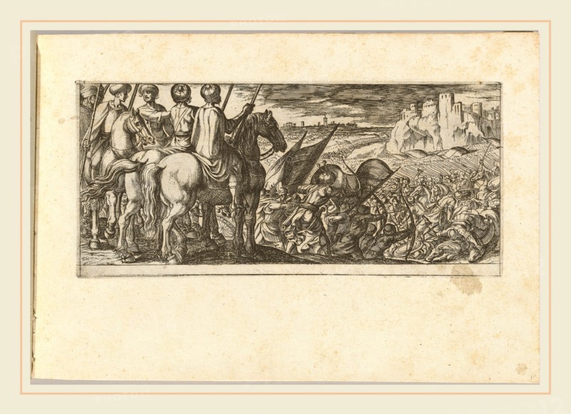 Antonio Tempesta, Italian (1555-1630), Battle Scene with Cavalry Observing from a Hill, etching