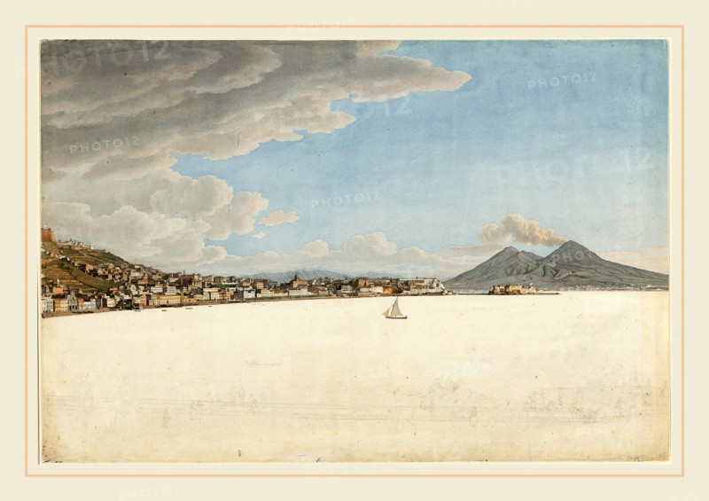 Giovanni Battista Lusieri, Italian (c. 1755-1821), The Bay of Naples with Mounts Vesuvius and Somma, 1782-1794, watercolor with pen and black ink over graphite on laid paper mounted to paperboard