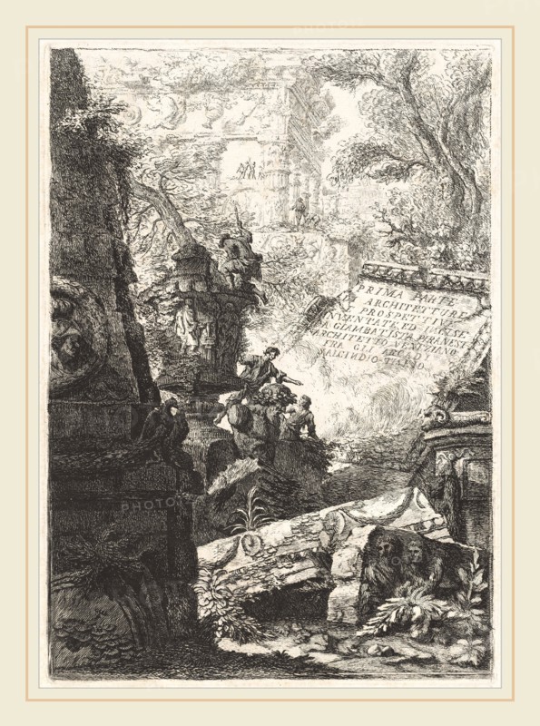 Giovanni Battista Piranesi and Francesco Piranesi, Prima Parte; Grotteschi; Carceri; Alcuna Vedute ...; Trofei di Ottaviano Augusto, Italian, c. 1758-1810, published 1800-1809, 5 works bound in 1 vol: etchings