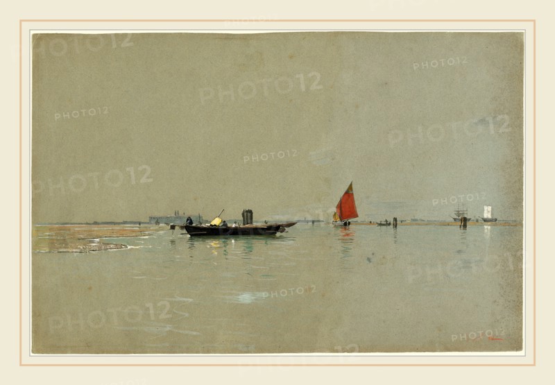William Stanley Haseltine, A Venetian Lagoon, American, 1835-1900, c. 1875, watercolor on green paper
