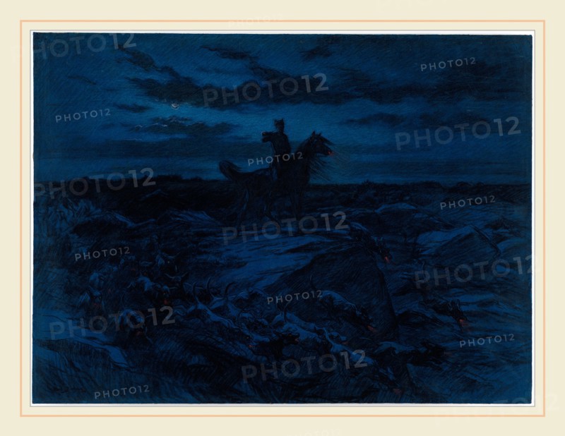 Rosa Bonheur, French (1822-1899), The Legend of the Wolves, colored chalks on blue wove paper