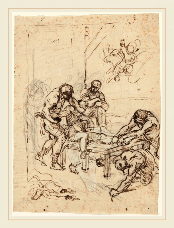 Lodovico Carracci, The Martyrdom of Saint Lawrence, Italian, 1555-1619, pen and brown and gray ink over black chalk on laid paper; with smaller pieces of paper glued on as compositional corrections