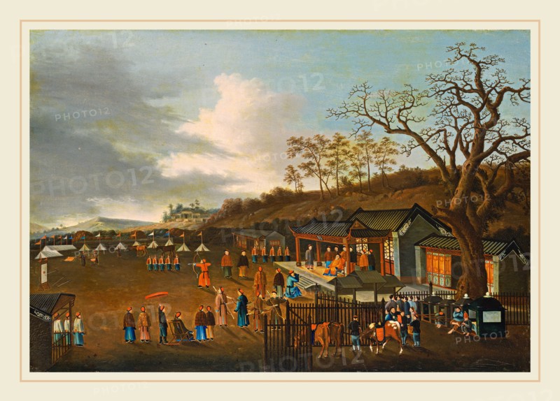 Chinese Qing Dynasty, Archery Contest, 19th century, oil on cotton