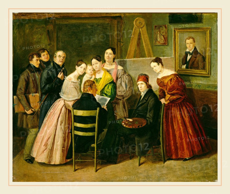 Unknown 19th Century, A Painter and Visitors in a Studio, c. 1835, oil on paper on canvas