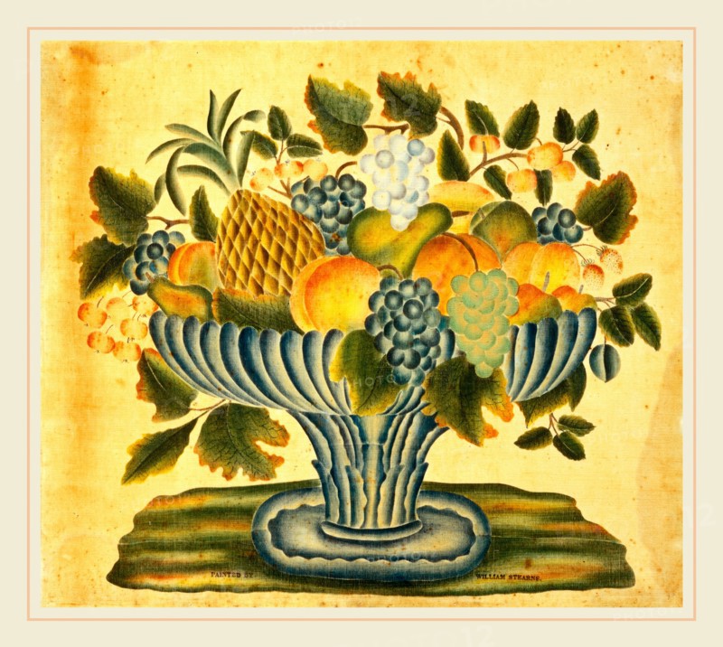 William Stearns, American (active c. 1830-1840), Bowl of Fruit, c. 1830-1840, watercolor on velveteen (theorem painting)