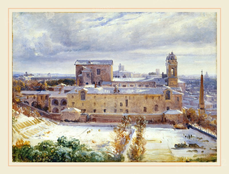 André Giroux, French (1801-1879), Santa TrinitÃ  dei Monti in the Snow, 1825-1830, oil on paper on canvas