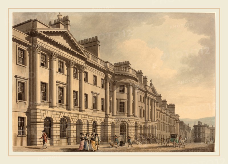 Thomas Malton, British (1748-1804), Milsom Street in Bath, 1784, pen and gray and black ink with gray wash and watercolor over graphite on laid paper
